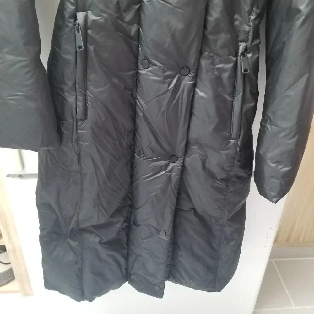 Zara Long Black Puffer Coat Faux Fur Trim Hood XS - Picture 13 of 16